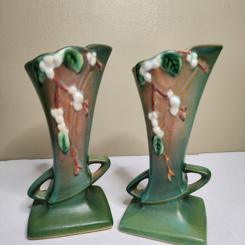 Antique Roseville Snowberry Vase Pair 7" Green Vintage 1947 Art Pottery 1V1-7